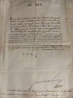 Orden de S.M. el Rey donde nombra a D. Francisco Guti&eacute;rrez, Alferez del Segundo Escuadr&oacute;n del Cuerpo de Caballer&iacute;a Provincial  del  Nuevo Santander en San Luis de Potos&iacute; (M&eacute;xico). A&ntilde;o 1.815